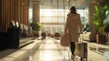 Businesswoman Wear a beige coat. with luggage doing check-in at the modern hotel lobby,