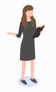 Businesswoman wearing elegant stylish black dress, business lady style gesturing hand, dresscode