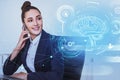 Businesswoman wearing formal suit is holding and talking on smartphone Royalty Free Stock Photo