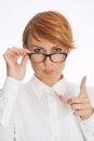 Businesswoman Wearing Glasses and Pointing Finger