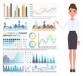 Businesswoman wearing office dresscode, skirt and blouse smiling stand near diagram, chart, graphic