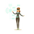 Businesswoman wearing VR headset working in digital simulation, future technology concept vector Illustration