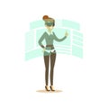 Businesswoman wearing VR headset working in digital simulation and interacting with 3d visualization, future technology