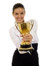 Businesswoman winning a gold trophy Royalty Free Stock Photo