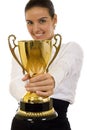 Businesswoman winning a gold trophy Royalty Free Stock Photo