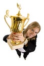 Businesswoman winning a gold trophy Royalty Free Stock Photo