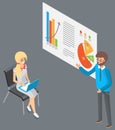 Businesswoman working analyzing financial statistics. Man teacher teaching statistical analysis Royalty Free Stock Photo