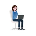 Girl, businesswoman working with laptop, sitting on office chair. Vector flat illustration.