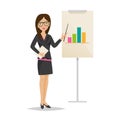 Girl, office worker woman, conducts presentation, training, business seminar, analysis.