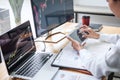 Businesswoman working with computer, laptop, thinking and analyzing graph stock market trading with stock chart data planning, Royalty Free Stock Photo