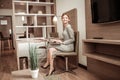 Businesswoman working in cozy spacious hotel room Royalty Free Stock Photo