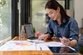 businesswoman working on desk office with using a calculator to calculate the numbers, finance accounting concept Royalty Free Stock Photo