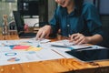 businesswoman working on desk office with using a calculator to calculate the numbers, finance accounting concept Royalty Free Stock Photo