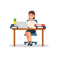 Businesswoman working with laptop computer, business character working in office cartoon vector Illustration