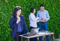 Businesswoman working outside office with team at green leaf wall,business on go and using digital technology device to corporate Royalty Free Stock Photo