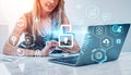Businesswoman working with phone in hands, laptop on desk, cybersecurity hologram Royalty Free Stock Photo