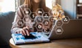 Businesswoman working with tablet and using a calculator to calculate the numbers of static in office. Finance accounting concept Royalty Free Stock Photo