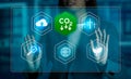 Businesswoman working virtual screen to reduce CO2 emissions carbon footprint climate change to limit global warming. Sustainable Royalty Free Stock Photo