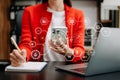 Businesswoman working virtual tablet computer twith reduce CO2 concept with icons, global warming such as reforest green factory Royalty Free Stock Photo