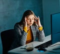 businesswoman workingtired stressed overworked exhausted late night business computer woman office technology light dark Royalty Free Stock Photo