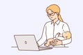 Businesswoman works with baby in arms using laptop to complete freelance orders online Royalty Free Stock Photo