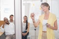 Businesswoman writing brainstorming ideas on board