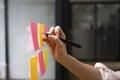 Businesswoman writing creative ideas on sticky notes on glass wall. Royalty Free Stock Photo