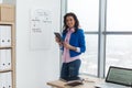 Businesswoman writing day plan on white board, modern office. Side view of caucasian female employee planning schedule Royalty Free Stock Photo