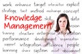 Businesswoman writing knowledge management concept. Isolated on white. Royalty Free Stock Photo