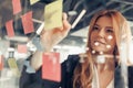 Businesswoman writing on sticky notes on glass wall while working in office Royalty Free Stock Photo