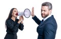 businesswoman yelling at employee with loudspeaker. businesspeople partner having conflict about promotion