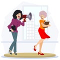 Businesswoman yelling with megaphone to her female employee. Angry boss. Illustration for internet and mobile website