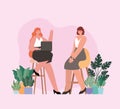 Businesswomen cartoons on chairs with laptop and plants vector design Royalty Free Stock Photo