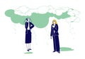 Businesswomen Characters with Smartphone and Coffee Cup Stand under Rain Clouds. Wet Rainy Weather