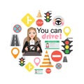 Businesswomen drive a car. Set of road symbols and woman driver character