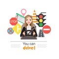 Businesswomen drive a car. Set of road symbols and woman driver character