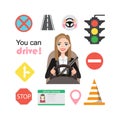 Businesswomen drive a car. Set of road symbols and woman driver character