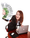 Businesswomen with group of money and laptop. Royalty Free Stock Photo