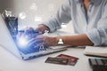 Businesswomen hand pressing laptop with Internet of things IOT objects icon connecting together , Internet networking, digital