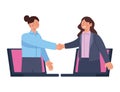 businesswomen handshake in laptops