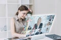 Businesswomen happy using high technology online meeting via internet with futuristic digital device to video calling with Royalty Free Stock Photo