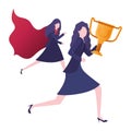 Businesswomen with hero coat and trophy