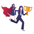 Businesswomen with hero coat and trophy