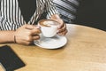 Businesswomen hold cup of coffee.