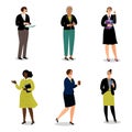 Businesswomen with phones and papers. Vector office women walk and communicate - vector illustration