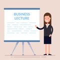 Businesswomen present with board. Cute woman character present about business lecture. Woman in a business suit. Flat