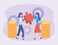 Businesswomen with puzzle and coins with gears technology