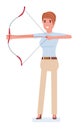 Businesswomen releasing an arrow from a crossbow. Business metaphor. Vector illustration isolated in cartoon flat style.