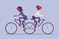 Businesswomen riding push me pull you tandem bicycle