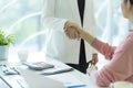 Businesswomen shaking hands as hello in office, women is enjoying with her workmate, Handshake is connection deal concept